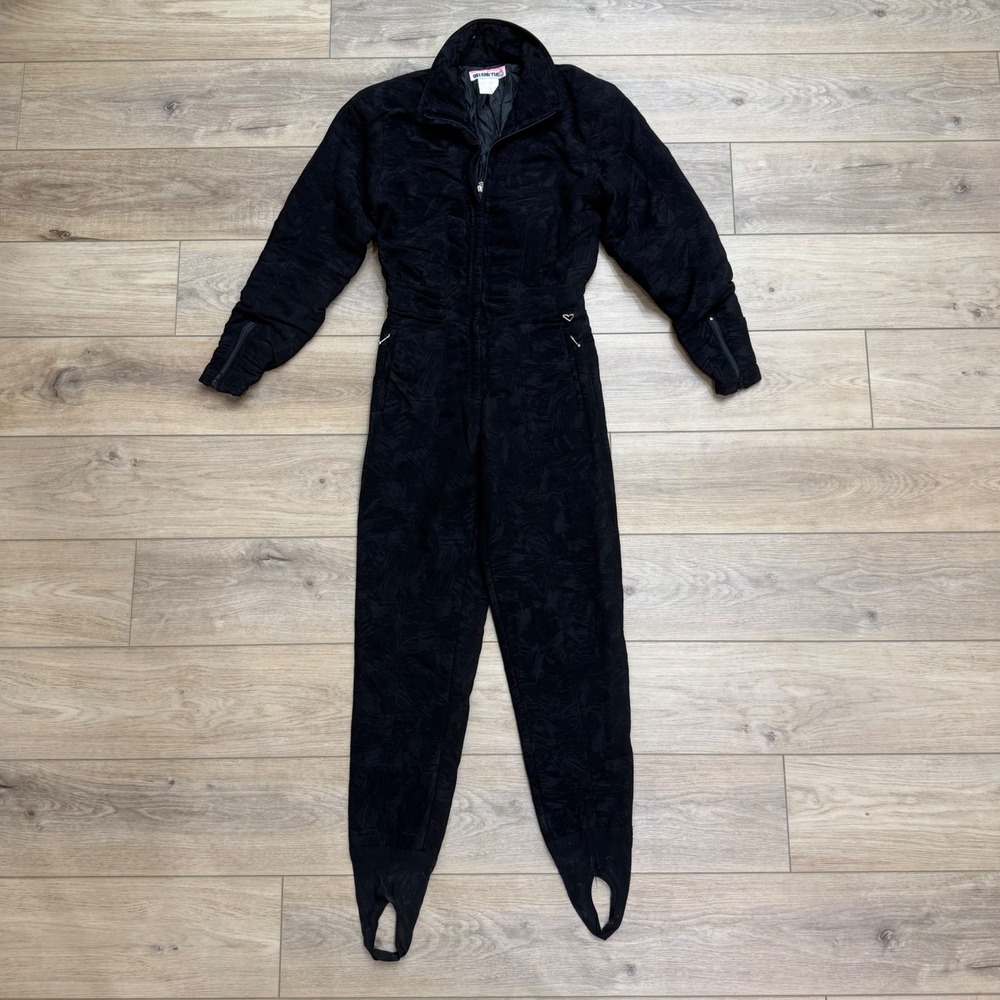 Obermeyer Zahra Vintage Ski Suit Black Jacquard One Piece Stirrup Gaper Day 10R